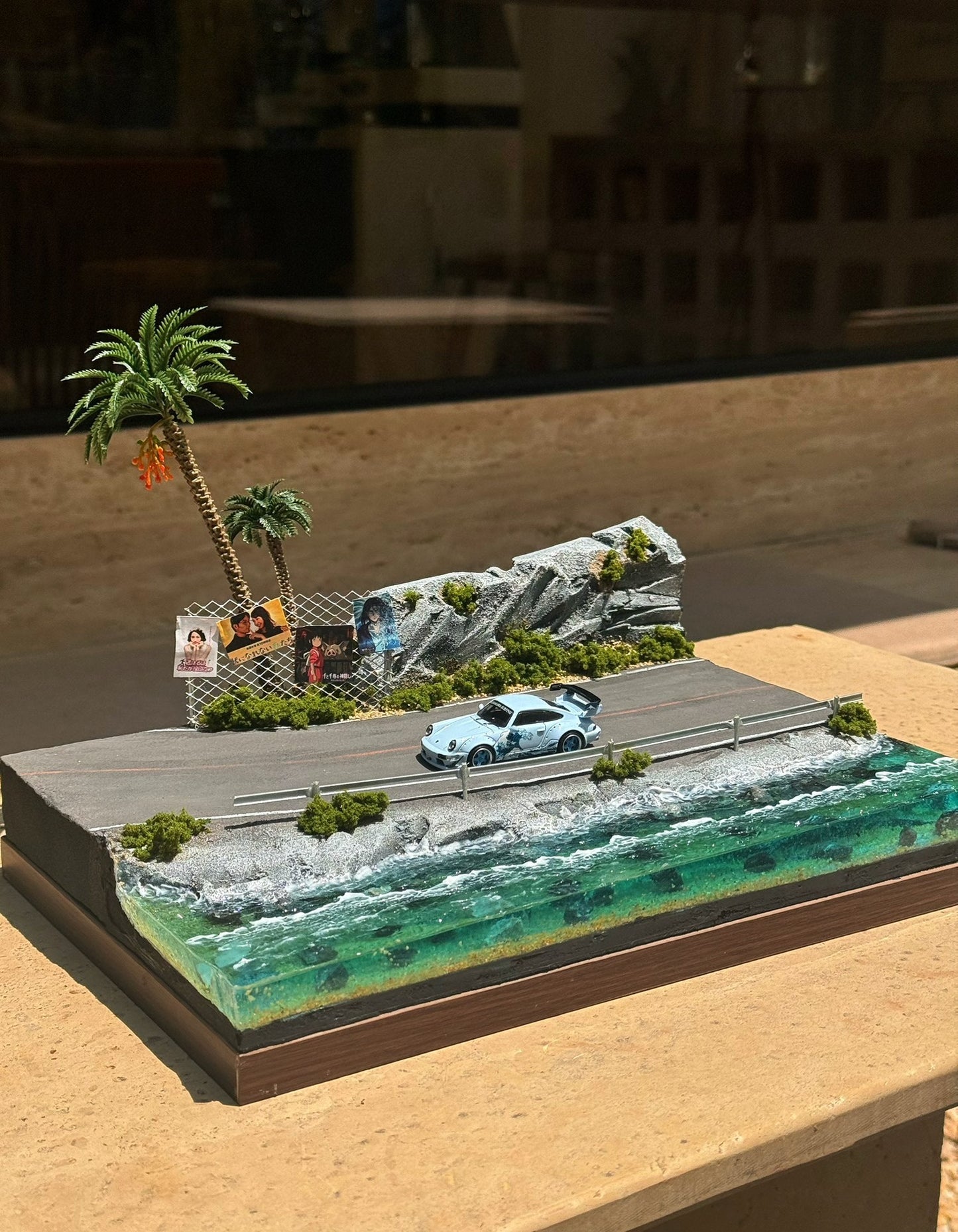 1:64 Scale Coastal Highway Diorama, Handmade Miniature Beach Road Scene for Diecast Car Display Base