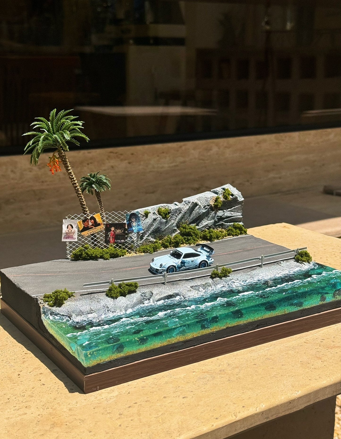 1:64 Scale Coastal Highway Diorama, Handmade Miniature Beach Road Scene for Diecast Car Display Base
